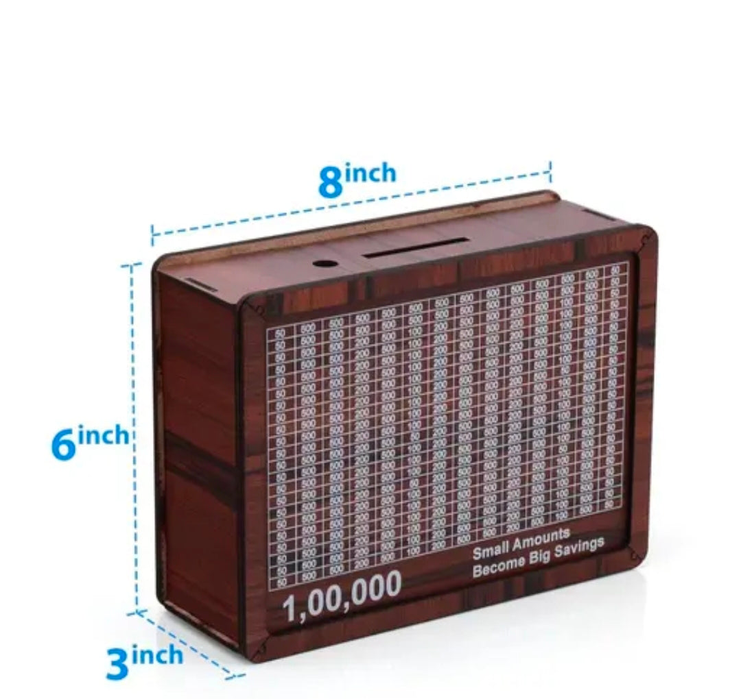 Wooden Saving Challenge Box – ₹1,00,000 Target | Daily Savings Box (₹100-₹500 Slips Marked)