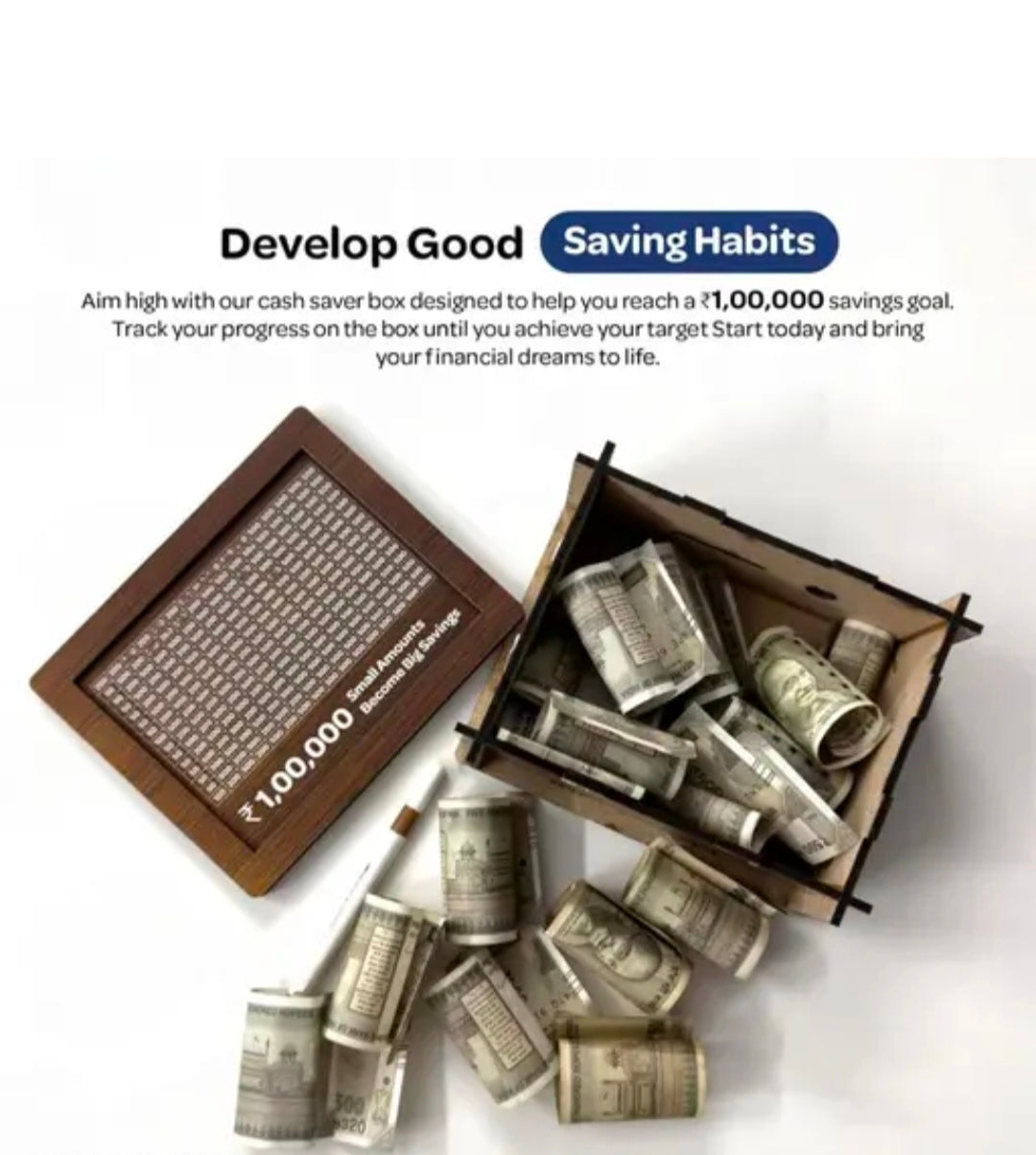 Wooden Saving Challenge Box – ₹1,00,000 Target | Daily Savings Box (₹100-₹500 Slips Marked)